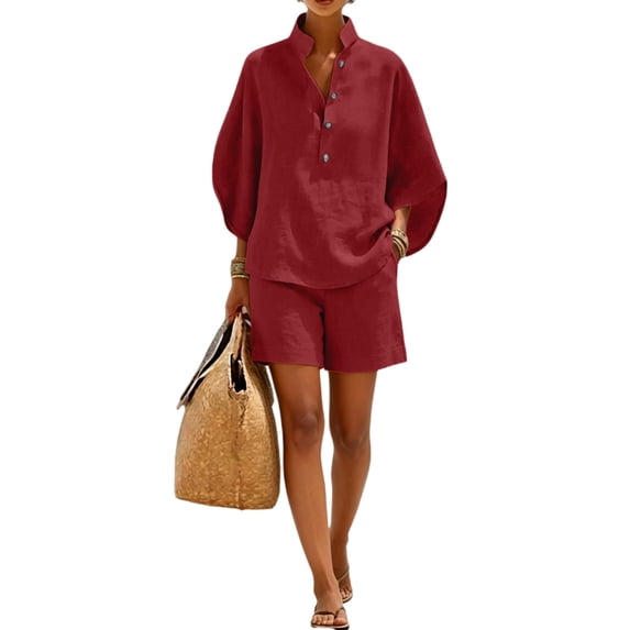 Cotton Linen Sets For Women 2 Piece Summer Outfits Batwing Sleeve V Neck Button Tops Matching Wide Leg Shorts XL