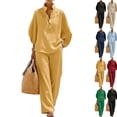 thumbnail image 1 of Cotton Linen Sets Women 2 Piece Elegant Batwing Sleeve V Neck Button Shirts and Wide Leg Pants Set Casual Outfit Earthy Yellow S, 1 of 7