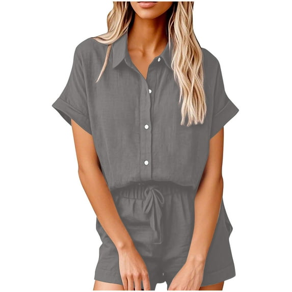 Cotton Linen Sets for Women 2 Piece Button Down Short Sleeve Shirts and Drawstring Shorts Set Matching Summer Lounge Sets