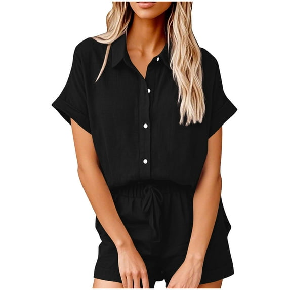 Cotton Linen Sets for Women 2 Piece Button Down Short Sleeve Shirts and Drawstring Shorts Set Matching Summer Lounge Sets