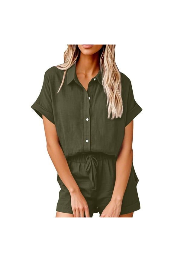 Cotton Linen Sets for Women 2 Piece Button Down Short Sleeve Shirts and Drawstring Shorts Set Matching Summer Lounge Sets