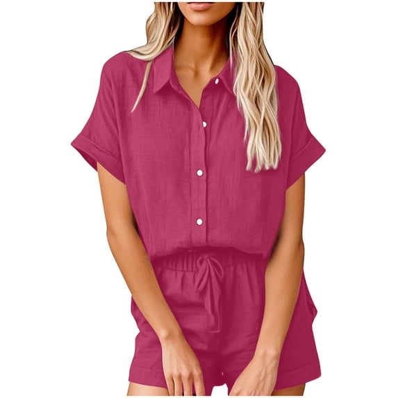 Cotton Linen Sets for Women 2 Piece Button Down Short Sleeve Shirts and Drawstring Shorts Set Matching Summer Lounge Sets