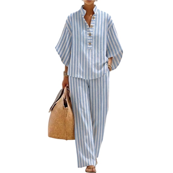 Cotton Linen Sets for Women Batwing Sleeve Henley Shirt Wide Leg Pants Set Button Down Lounge Matching Sets for Vacation