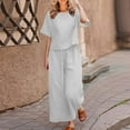thumbnail image 1 of Cotton Linen Sets for Women Summer 2 Piece Outfits Short Sleeve Shirt and Pants Set Flowy Beach Vacation Outfits Gray M, 1 of 6