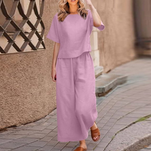 Cotton Linen Sets for Women Summer 2 Piece Outfits Short Sleeve Shirt and Pants Set Flowy Beach Vacation Outfits XL
