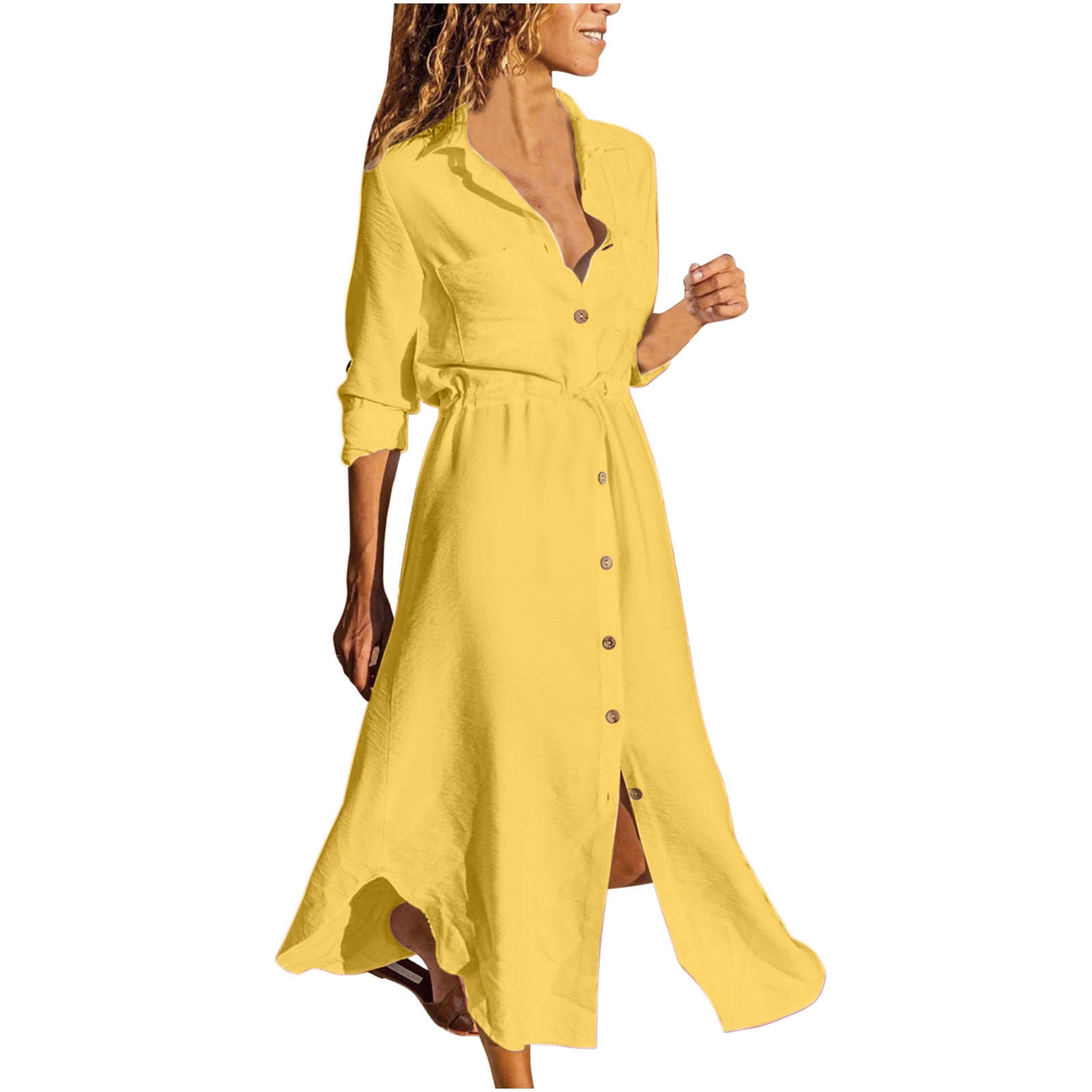 Cotton Linen Shirt Dress for Womens Pleated Button Long Dress Long Sleeve  A-line Loose Swing Dress with Pockets Yellow L - Walmart.com