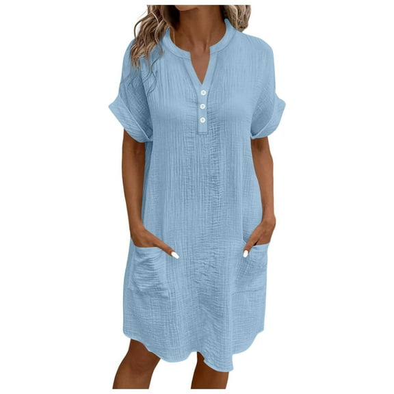 Cotton Linen Shirt Dresses for Women 2025 Summer Short Sleeve Button Down Dress Beach Cover Up Dress with Pockets