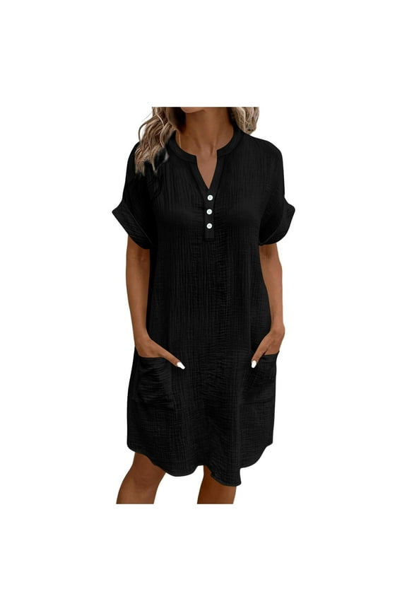 Cotton Linen Shirt Dresses for Women 2025 Summer Short Sleeve Button Down Dress Beach Cover Up Dress with Pockets