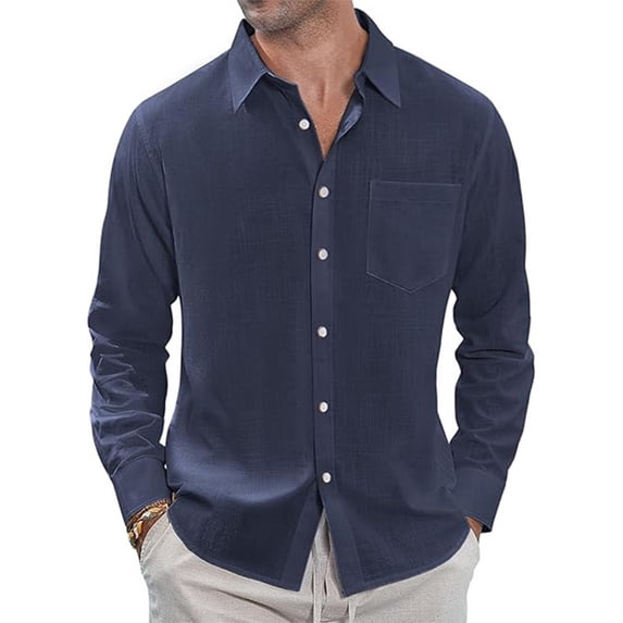 Cotton Linen Shirt for Men Henley Neck Solid Color Lightweight Breathable Slim Fit Single Breasted Shirt Long Sleeve Button Up Simple Fahion Shirts For Men