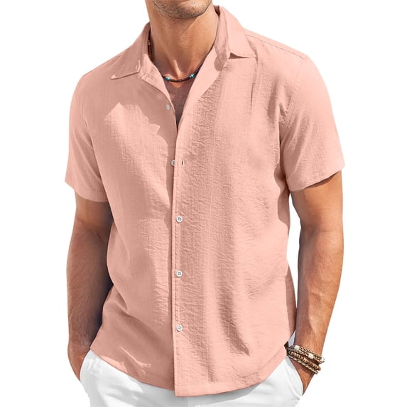 Cotton Linen Shirt Men Summer Short Sleeve Male T-shirts Breathable Tops Tee White Clothing Casual Fashion Shirts For Men Casual Thin Tops with Solid Color Buttons