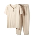 thumbnail image 1 of Cotton Linen Shirt Sets Outfits:Men's 2 Pieces Henley Shirts Short Sleeve Loose Yoga Pants Beach Clothing Big and Tall Size L-5XL Beige, 1 of 6