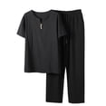 thumbnail image 1 of Cotton Linen Shirt Sets Outfits:Men's 2 Pieces Henley Shirts Short Sleeve Loose Yoga Pants Beach Clothing Big and Tall Size L-5XL Black, 1 of 6