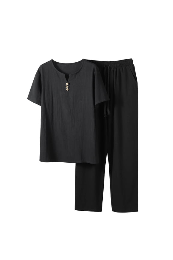 Cotton Linen Shirt Sets Outfits:Men's 2 Pieces Henley Shirts Short Sleeve Loose Yoga Pants Beach Clothing Big and Tall Size L-5XL Black