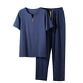 thumbnail image 1 of Cotton Linen Shirt Sets Outfits:Men's 2 Pieces Henley Shirts Short Sleeve Loose Yoga Pants Beach Clothing Big and Tall Size L-5XL Dark Blue, 1 of 6