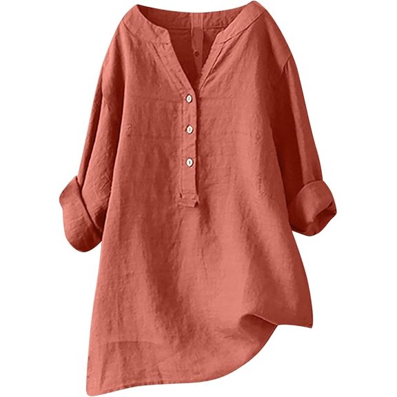 Cotton Linen Shirt for Women Breathable Button Tops Loose Crewneck Tops Womens Daily t Shirts Summer Shirts for Women v Neck Tunic Blouses Outfits