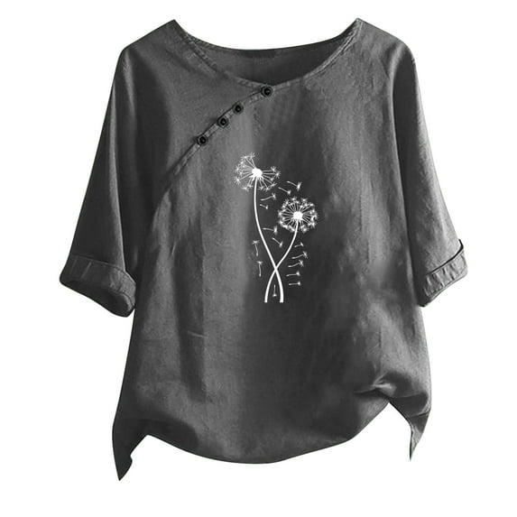 Cotton Linen Shirt for Women Dandelion Print Casual T-Shirt 3/4 Sleeve Jacquard Blouses Top Cozy Tunic Tops Breathy Durable Solid Color Tees