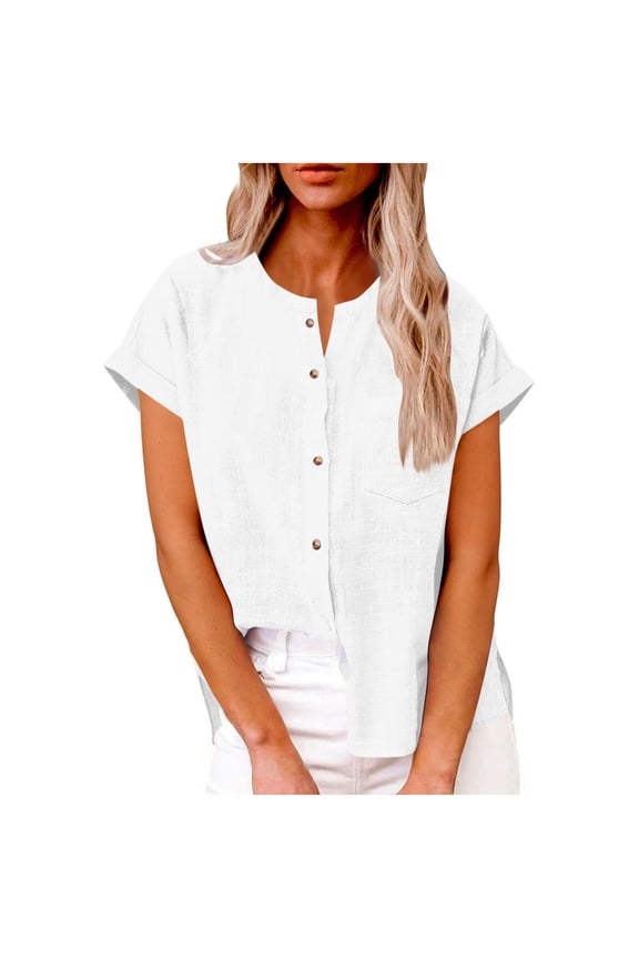 Cotton Linen Shirts For Women Crew Neck Short Sleeve Button Down Tops Casual Loose Summer Clothes (S, White)