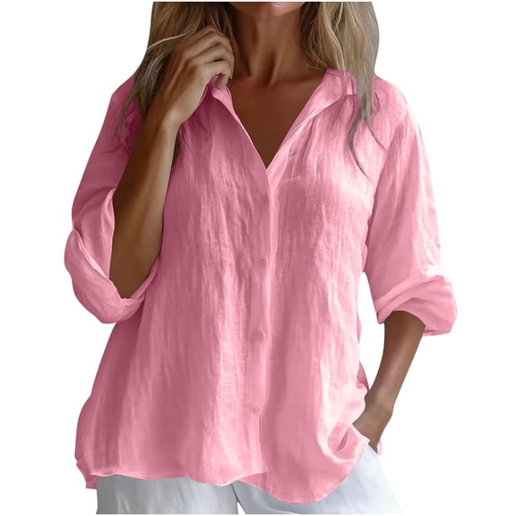 Cotton Linen Shirts For Women Lapel Button Down Long Sleeve Blouse Lightweight Loose Spring Summer Casual Stylish Outfits (S, Pink)