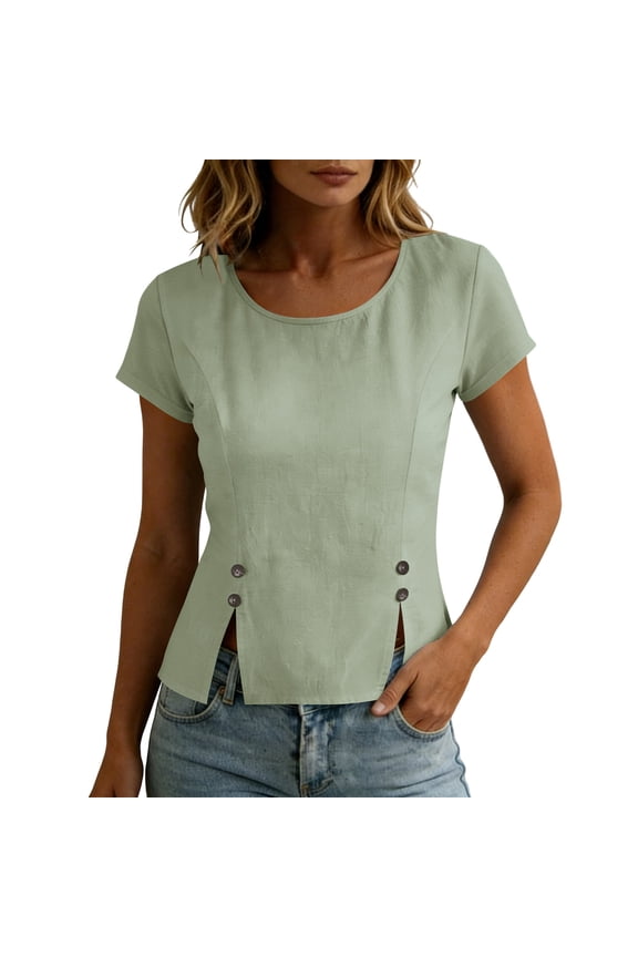 Cotton Linen Shirts For Women Summer Rolled Up Short Sleeve Crewneck Blouse Tops 2026 Fashion Button Side Split Tunic