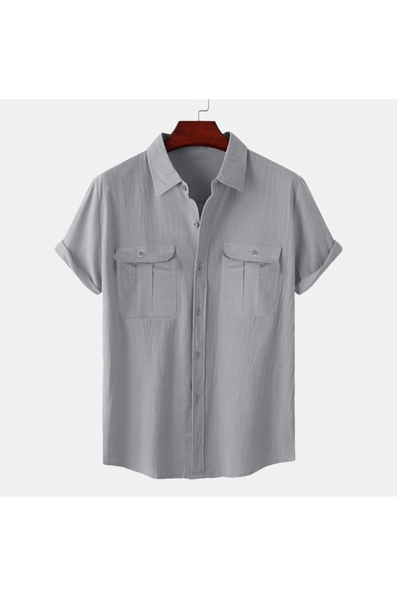 Cotton Linen Shirts for Men Big & Tall 4X-5X with Pockets Plus Size Short Sleeve T-Shirts Button Up Collared Casual Solid Basic Comfort Tops