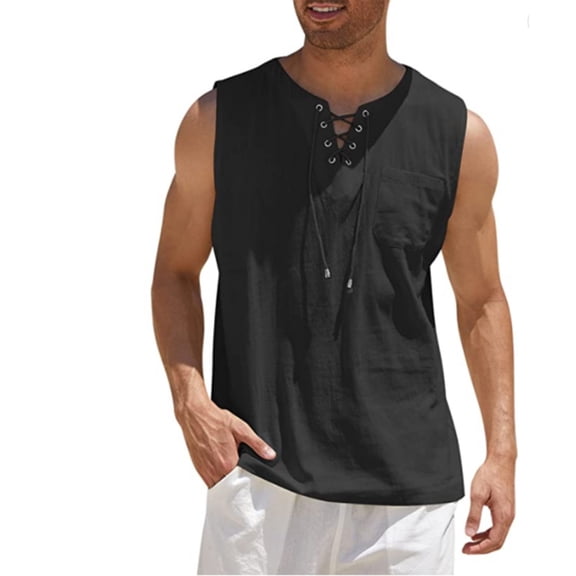 Cotton Linen Shirts Men's Casual Sleeveless Vest Lace Up Shirts Retro V Neck Tank Tops Loose Shirt Male Solid Color Clothes Breathable Cool Feeling Tops Male Tank Tops Black L
