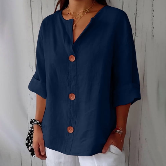 Cotton Linen Shirts Summer Fashion 3/4 Sleeve Tops Plus Size Tunic V ...