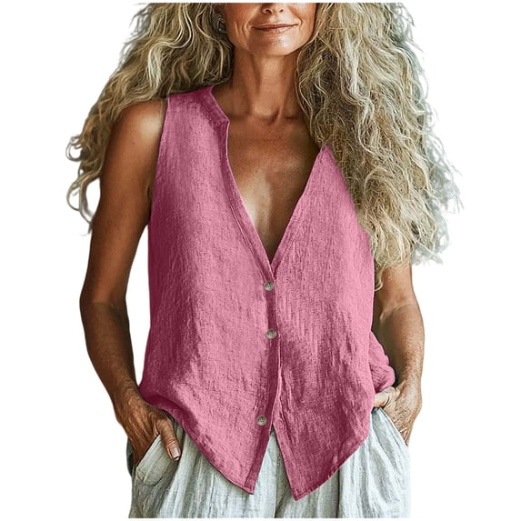 Cotton Linen Shirts Tank Tops for Women, Button Down V-Neck Vest Ladies Plain Cotton-Linen Sleeveless Tshirts Lightweight Breathable Blouses 2026 Summer Loose Tee Shirt