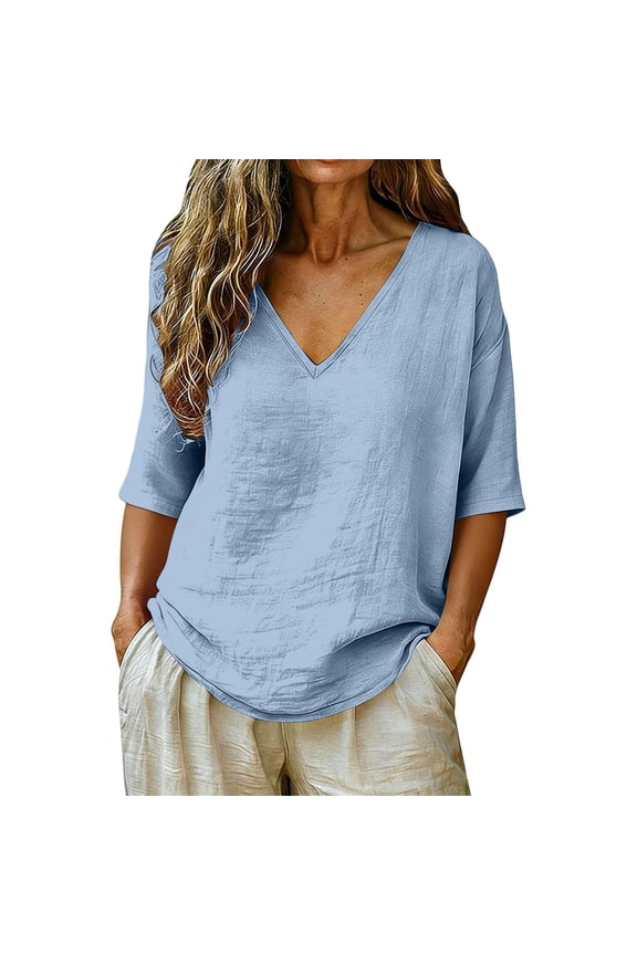 Cotton Linen Shirts Tops for Women Shirts for Women Button Down V Neck 3/4 Sleeve Casual Henley Blouse Summer Top Gauze Blend Clothing,Blue,XXXL