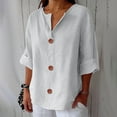 thumbnail image 1 of Cotton Linen Shirts V Neck Dress Shirts Tunic Tops Roll Up Short Sleeve Trendy Fashion Clothes Loose Fit Work Blouses Plus Size Button Shirt Womens Shirts 3/4 Sleeve Tops T Shirts White 4XL, 1 of 7