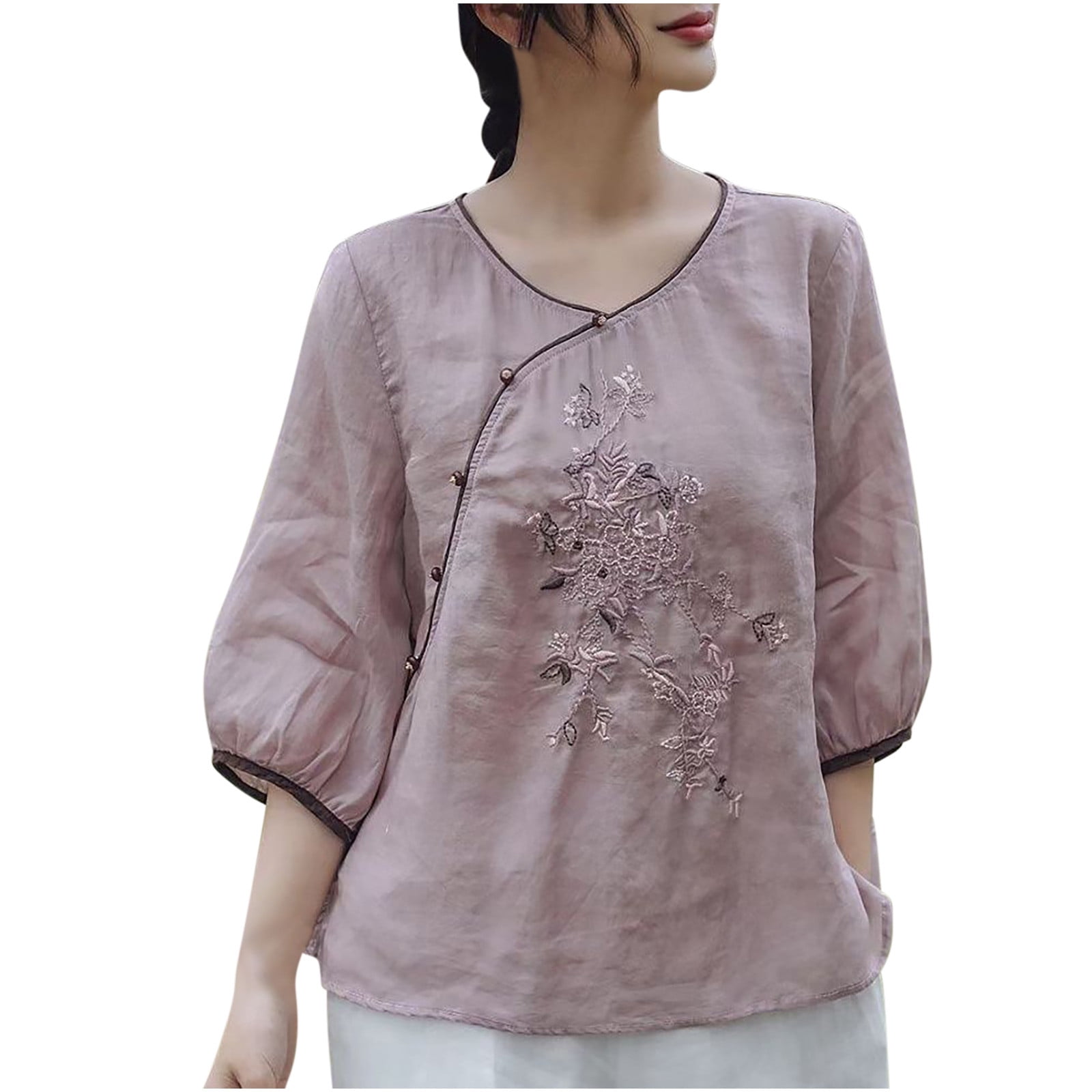 NFYM Women's Linen Cheongsam Dress – Spring Floral Embroidered Knee-Length Retro Tunic-738693