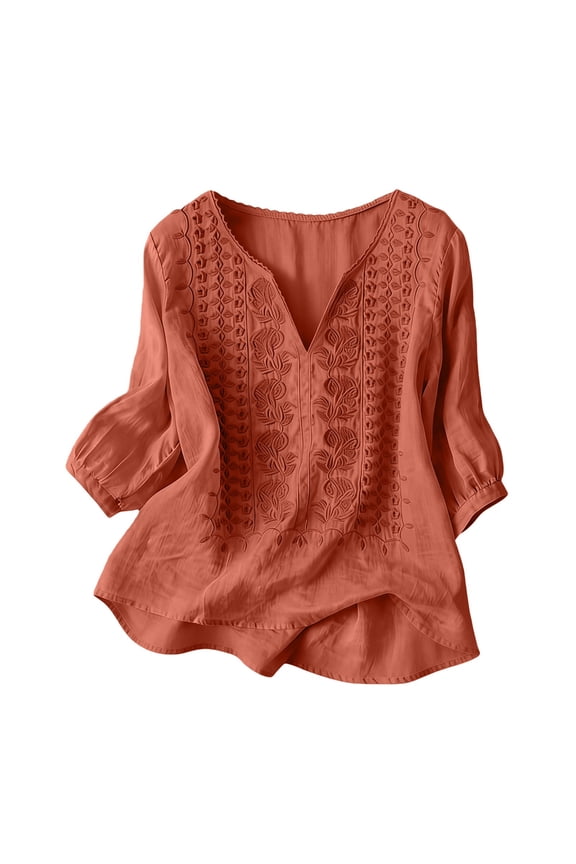 Cotton Linen Shirts for Women 3/4 Length Sleeve Shirts Vacation Beach Solid Blouses Solid Color Pullover Shirts Peasant Tops Summer Gauze Shirts Cotton Linen Tops Loose Tunics Top Breathable M