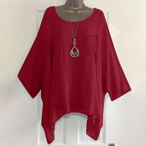 Cotton Linen Shirts For Women Beach Vacation Tshirts Womens Summer Tops Loose Fit Tee Shirt Women Solid Color Work Blouses Peasant Blouse Oversized Linen Shirts For Women Womens Gauze Tops Red 3XL