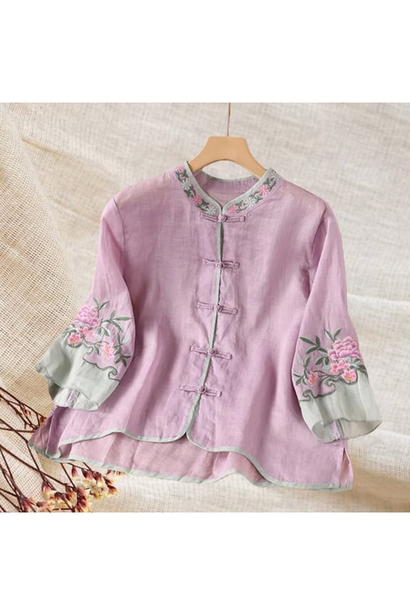 Cotton Linen Shirts for Women Bohemian Tops Cotton Linen Tops Lightweight Pullover Shirt 3/4 Length Sleeve Womens Tops Solid Color Pullover Shirts Breathable Boho Shirts Summer Gauze Shirts L