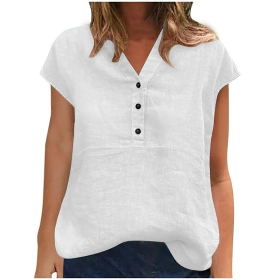 Cotton Linen Shirts For Women Cap Sleeve Tops V Neck Buttton Tees Causal Oversize T-Shirts Henley Blouse Loose Fitplain Holiday Beach Tunic Summer 2026 Fashion