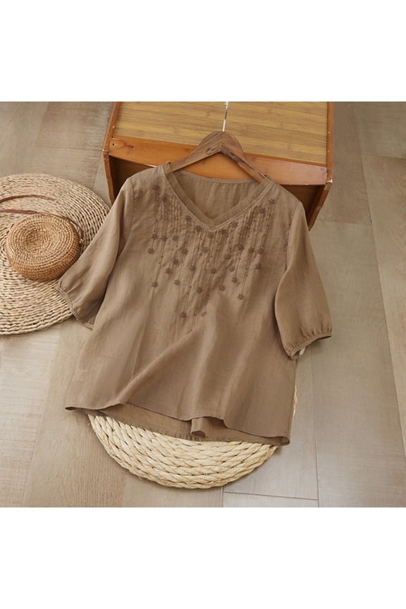 Cotton Linen Shirts for Women Fashion Clothes 3/4 Length Sleeve Womens Tops Dressy Casual Blouses Summer Spring Blouses Summer Gauze Shirts Cotton Linen Tops Loose Tunics Top Peasant Tops L