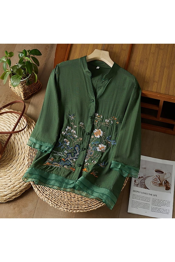 Cotton Linen Shirts for Women Peasant Tops Bohemian Tops Cotton Linen Tops Work Tees Loose Fit Blouses 3/4 Length Sleeve Womens Tops 3/4 Length Sleeve Shirts Loose Tunics Top Soft Floral Top XL