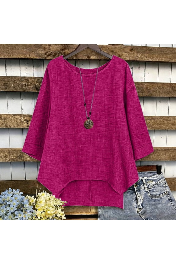 Cotton Linen Shirts for Women Peasant Tops Summer Gauze Shirts 3/4 Length Sleeve Shirts Solid Color Pullover Shirts Fashion Clothes Cotton Linen Tops Work Tees Summer Tops for Women 2XL