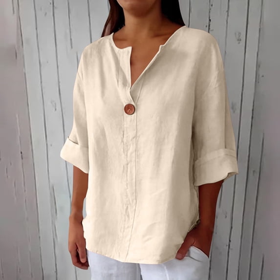 Cotton Linen Shirts For Women Summer Blouses For Women Loose Fit Tee Shirt Women V Neck 3/4 Sleeve Blouse Beach Vacation Tshirts Flowy Tops For Women Peasant Blouse Linen Clothing For Women Beige L