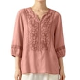 thumbnail image 1 of Cotton Linen Shirts for Women Summer Crew Neck Boho Retro Embroidered Tops 3/4 Sleeve Dressy Casual Blouses Loose Tunics Cute Going Out Beach Vacation Outfits, 1 of 4