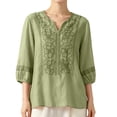 thumbnail image 1 of Cotton Linen Shirts for Women Summer Crew Neck Boho Retro Embroidered Tops 3/4 Sleeve Dressy Casual Blouses Loose Tunics Cute Going Out Beach Vacation Outfits, 1 of 4