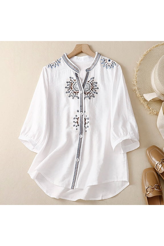 Cotton Linen Shirts for Women Summer Tops for Women Lightweight Pullover Shirt Bohemian Tops Work Tees Loose Tunics Top Cotton Linen Tops 3/4 Length Sleeve Womens Tops Dressy Casual Blouses XL