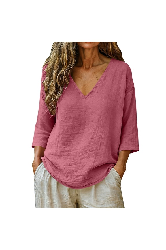 Cotton Linen Shirts for Women Tops for Women Shirts for Women Womens Button Down V Neck Henley 3/4 Sleeve Blouses Summer Lightweight Breathable Gauze Tops,Hot Pink,XXXXL