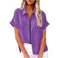 thumbnail image 1 of Cotton Linen Shirts Womens Zip Up Lapel Collar Tops Short Sleeve Summer Dressy Casual Blouses with Chest Pocket (XL, Purple), 1 of 6