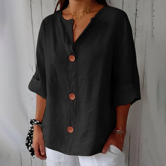 Cotton Linen Shirts Work Blouses Button Down Shirts Summer Fashion Solid Blouses Plus Size Button Shirt Cute Dressy Clothing Womens Shirts Casual Outfits Business Work Blouse Black L
