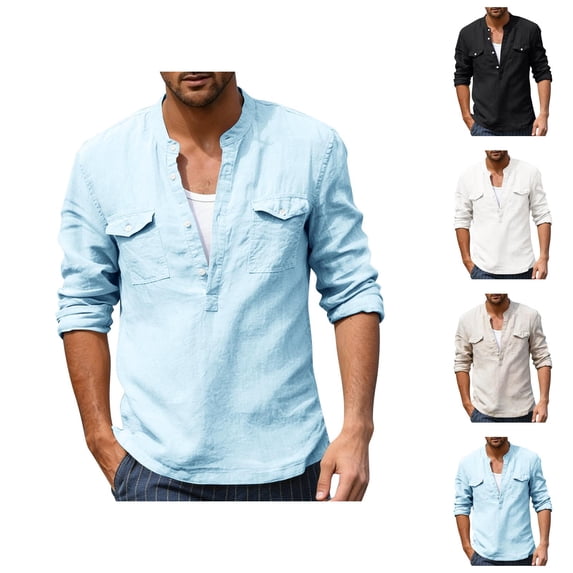 Cotton Linen Shirts for Men 2026 Spring Summer Casual Lightweight Long Sleeve V Neck Band Collar Beach Shirt