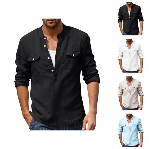Cotton Linen Shirts for Men 2026 Spring Summer Casual Lightweight Long Sleeve V Neck Band Collar Beach Shirt