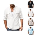 thumbnail image 1 of Cotton Linen Shirts for Men 2026 Spring Summer Casual Lightweight Long Sleeve V Neck Band Collar Beach Shirt, 1 of 7