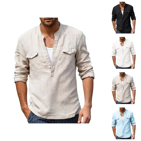 Cotton Linen Shirts for Men 2026 Spring Summer Casual Lightweight Long Sleeve V Neck Band Collar Beach Shirt