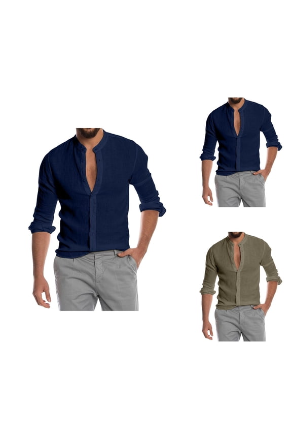 Cotton Linen Shirts for Men 2026 Spring Summer Casual Lightweight Relaxed Fit Long Sleeve Button Down Band Collar Beach Shirt