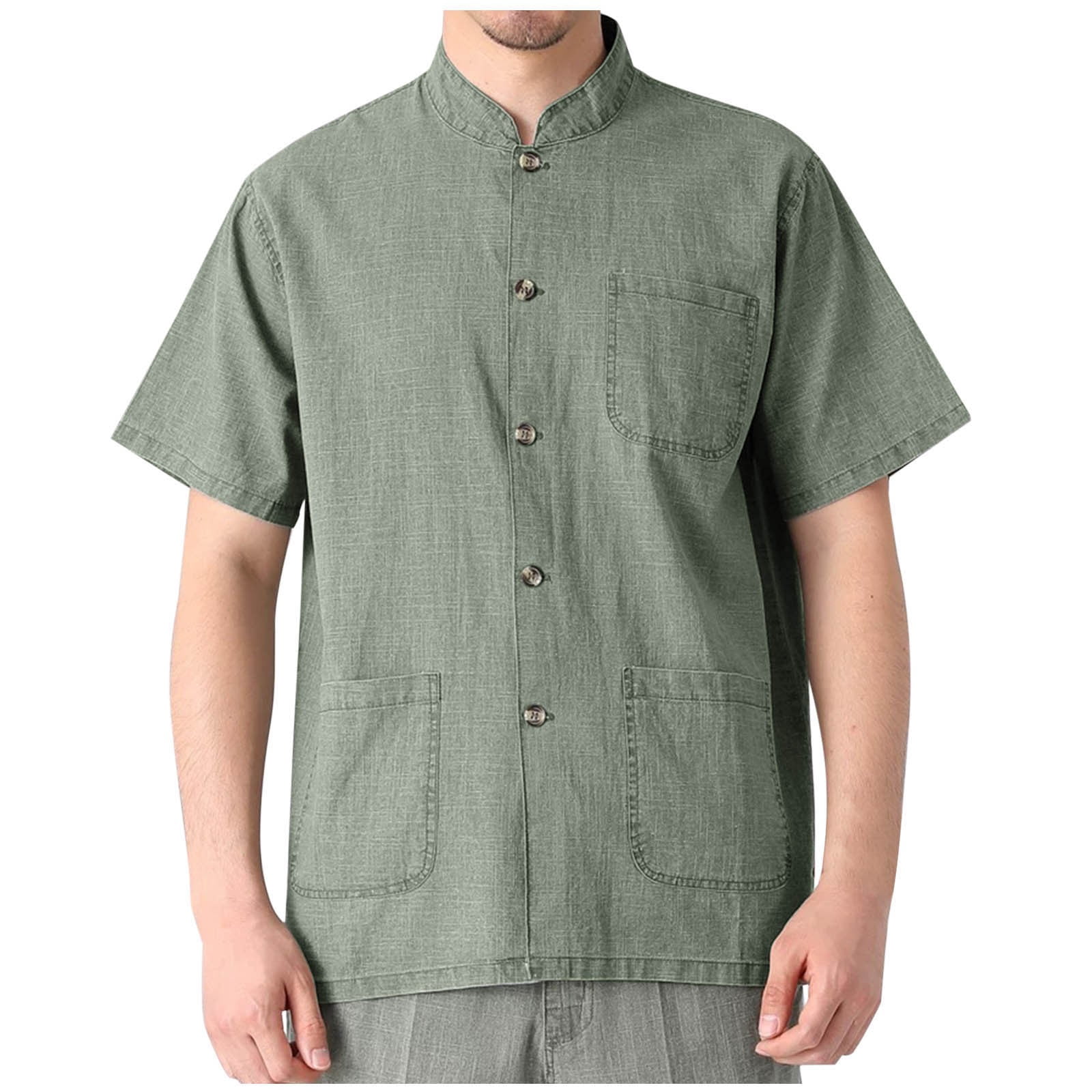 Cotton Linen Shirts for Men Casual Short Sleeve Beach Tshirts Button ...
